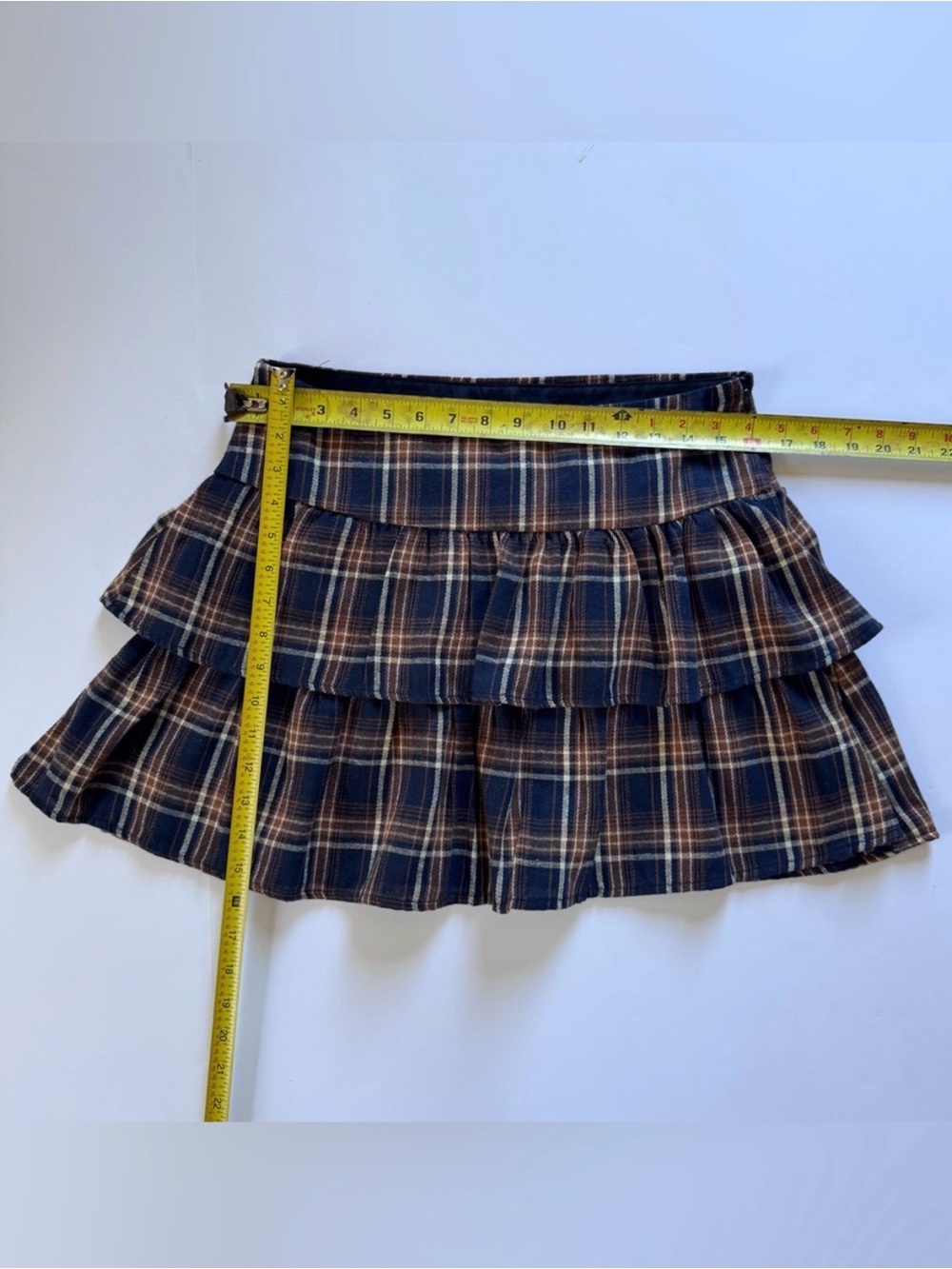 Cali1850 Y2K Low-rise Tiered Plaid Mini Skirt in Navy and Brown,Size Large - Picture 3 of 6
